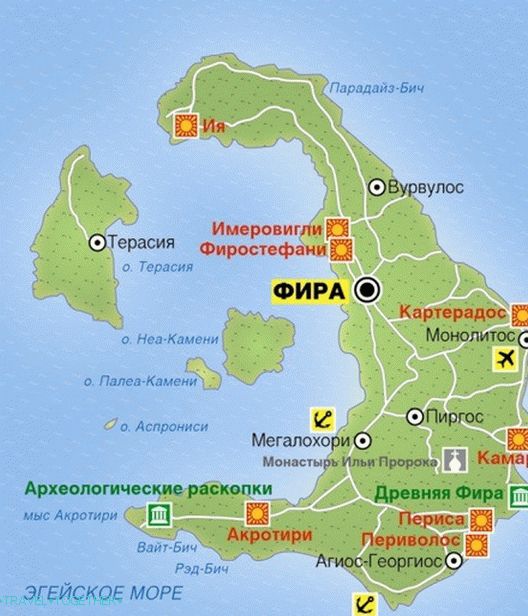 Zemljevid Santorinija v ruskem jeziku
