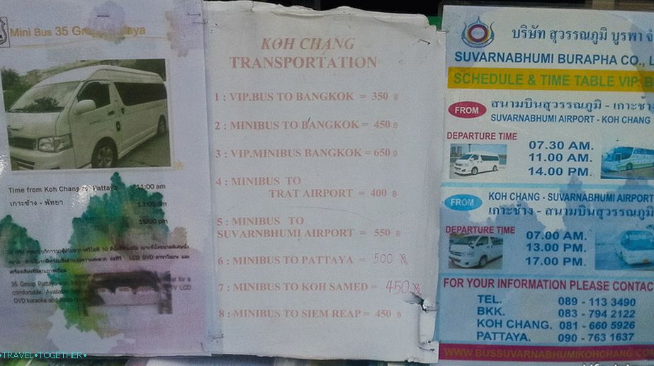Urnik za avtobuse in minibuse v potovalni agenciji v Koh Changu