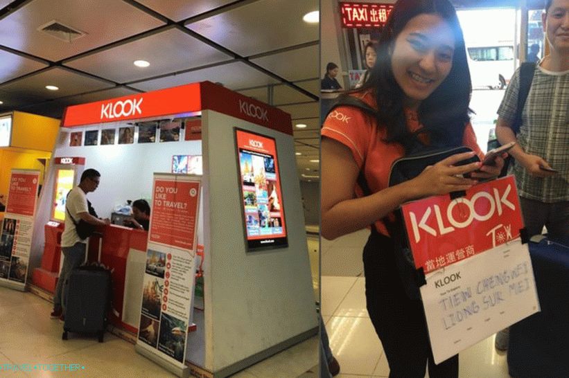 Klook kiosk v Suvarnabhumi na levi, srečanje Klookovega delavca na desni