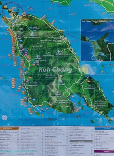 Zemljevid Koh Chang s hoteli in znamenitosti